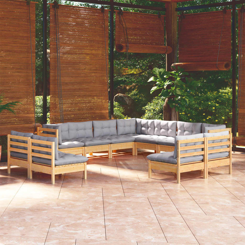 vidaXL 11 Piece Garden Lounge Set with Grey Cushions Solid Pinewood