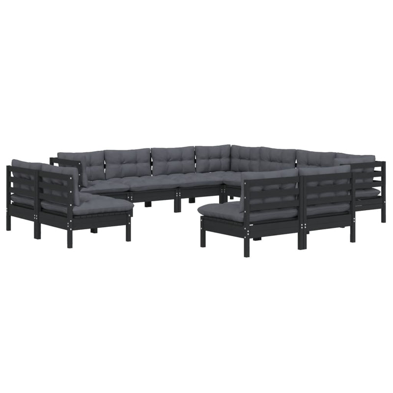 vidaXL 11 Piece Garden Lounge Set with Cushions Black Solid Pinewood