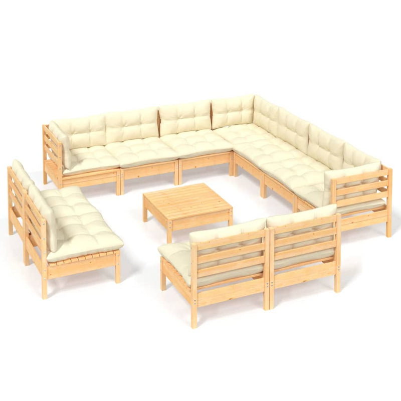 vidaXL 12 Piece Garden Lounge Set with Cream Cushions Solid Pinewood