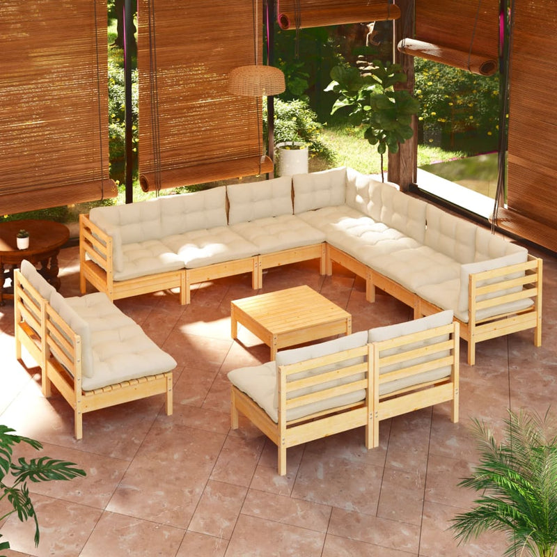 vidaXL 12 Piece Garden Lounge Set with Cream Cushions Solid Pinewood