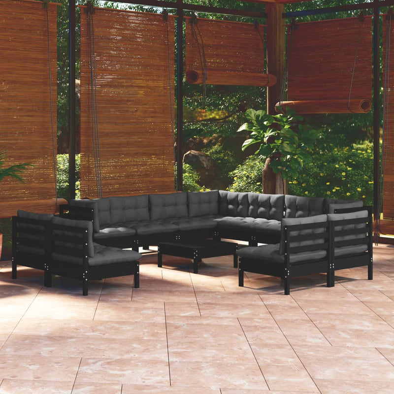 vidaXL 12 Piece Garden Lounge Set with Cushions Black Solid Pinewood