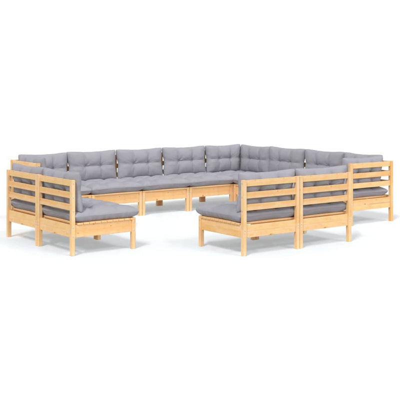 vidaXL 12 Piece Garden Lounge Set with Grey Cushions Solid Pinewood