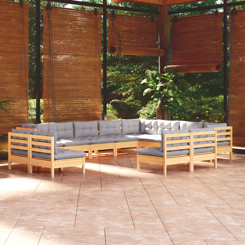 vidaXL 12 Piece Garden Lounge Set with Grey Cushions Solid Pinewood