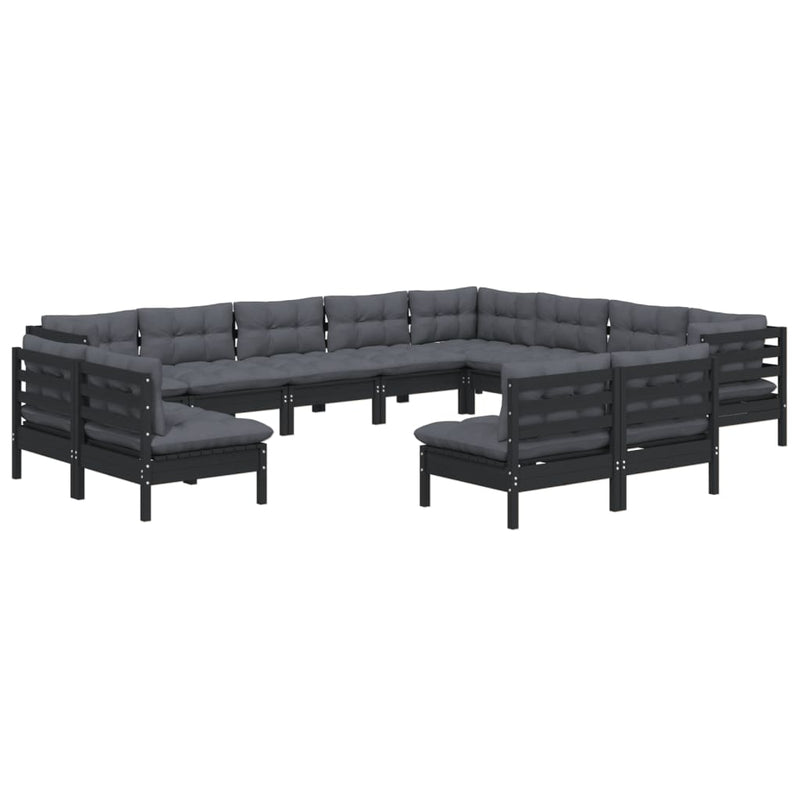 vidaXL 12 Piece Garden Lounge Set with Cushions Black Solid Pinewood