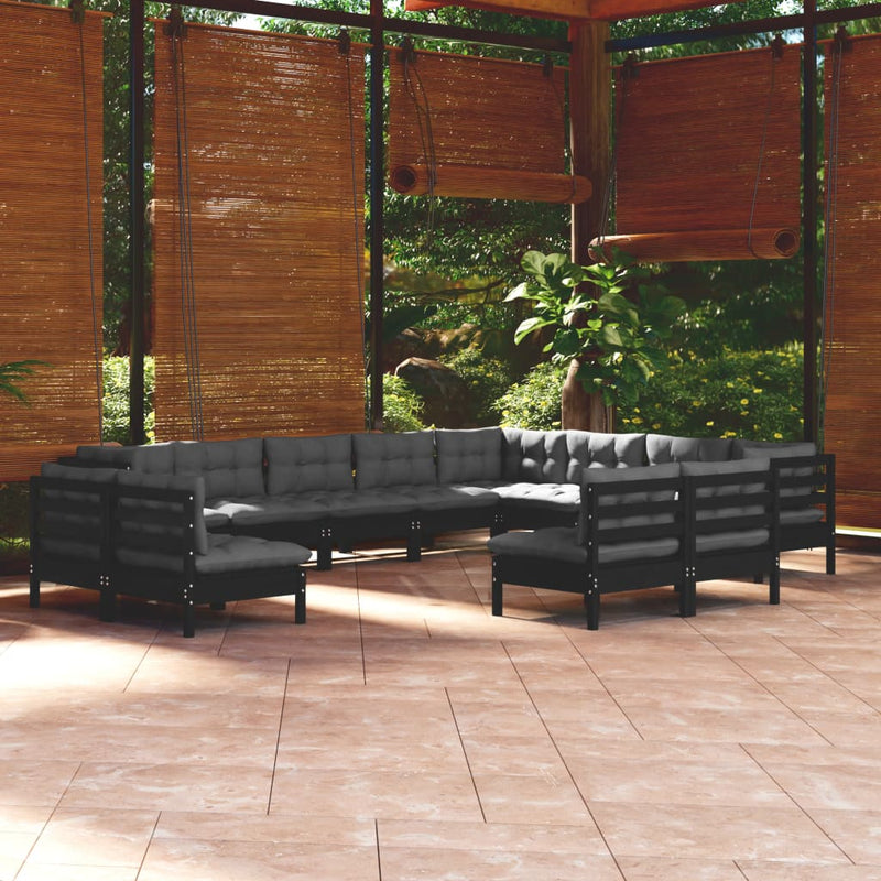 vidaXL 12 Piece Garden Lounge Set with Cushions Black Solid Pinewood