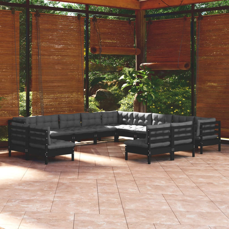 vidaXL 13 Piece Garden Lounge Set with Cushions Black Solid Pinewood