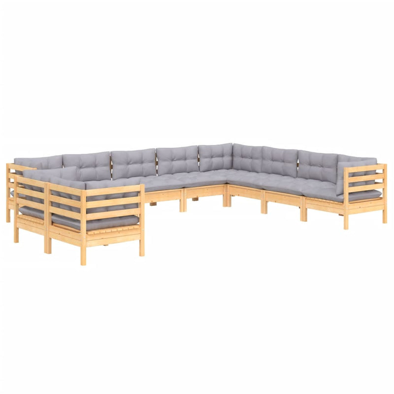 vidaXL 10 Piece Garden Lounge Set with Grey Cushions Solid Pinewood