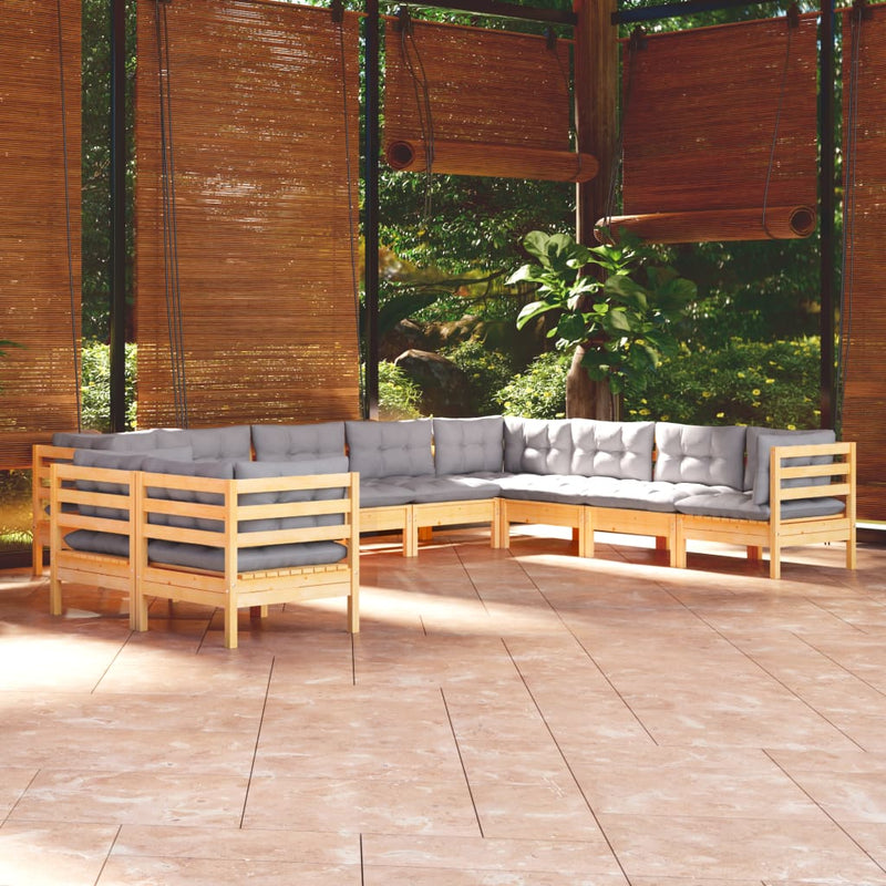 vidaXL 10 Piece Garden Lounge Set with Grey Cushions Solid Pinewood