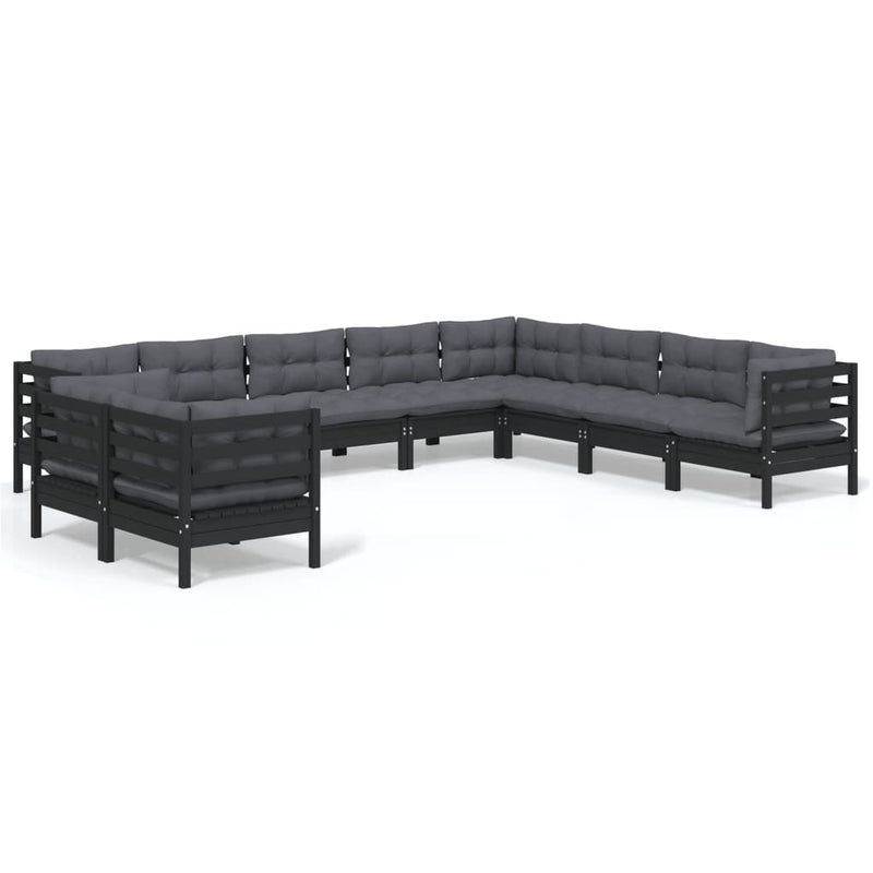 vidaXL 10 Piece Garden Lounge Set with Cushions Black Solid Pinewood