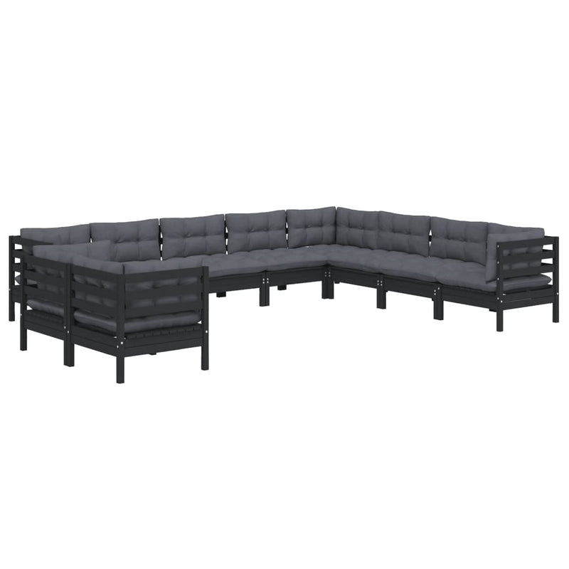 vidaXL 10 Piece Garden Lounge Set with Cushions Black Solid Pinewood