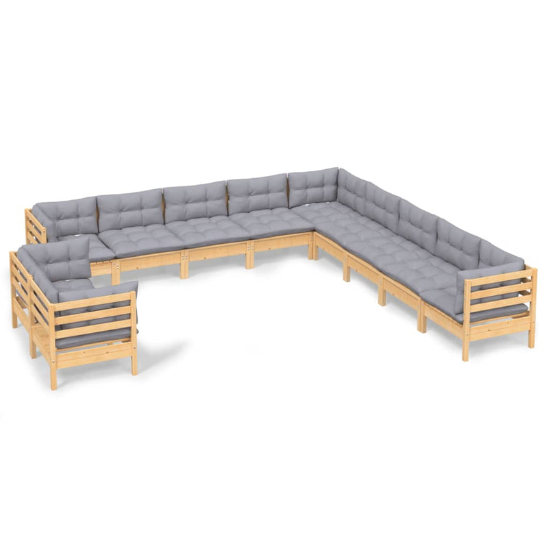 vidaXL 11 Piece Garden Lounge Set with Grey Cushions Solid Pinewood