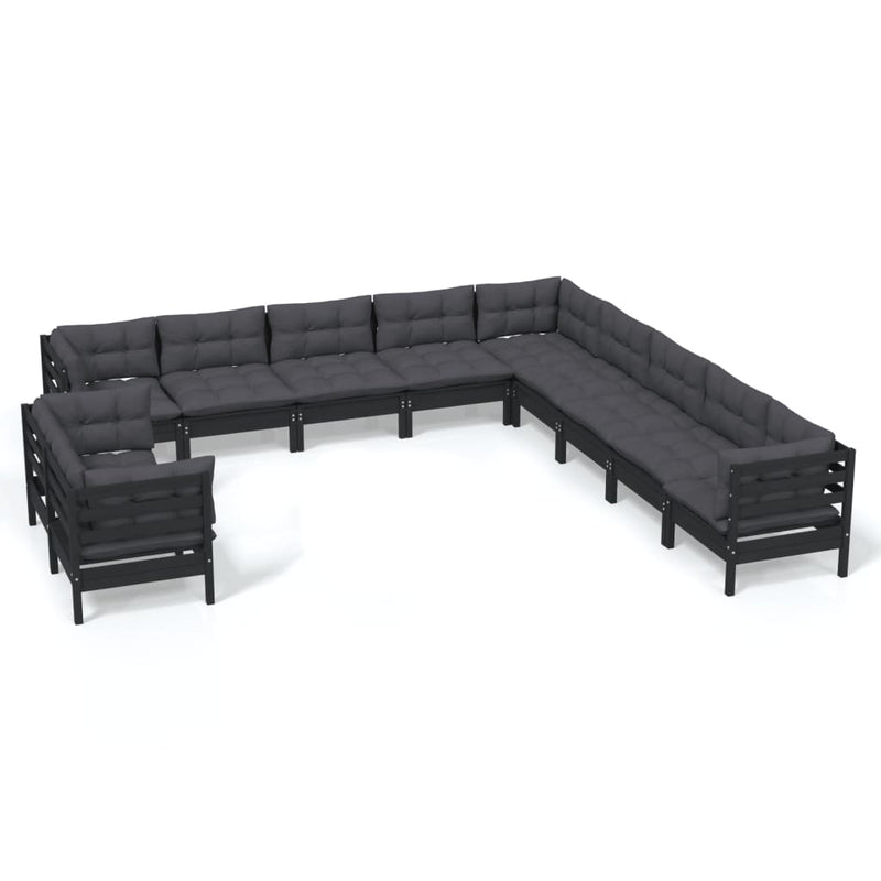 vidaXL 11 Piece Garden Lounge Set with Cushions Black Solid Pinewood