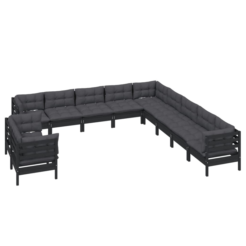 vidaXL 11 Piece Garden Lounge Set with Cushions Black Solid Pinewood