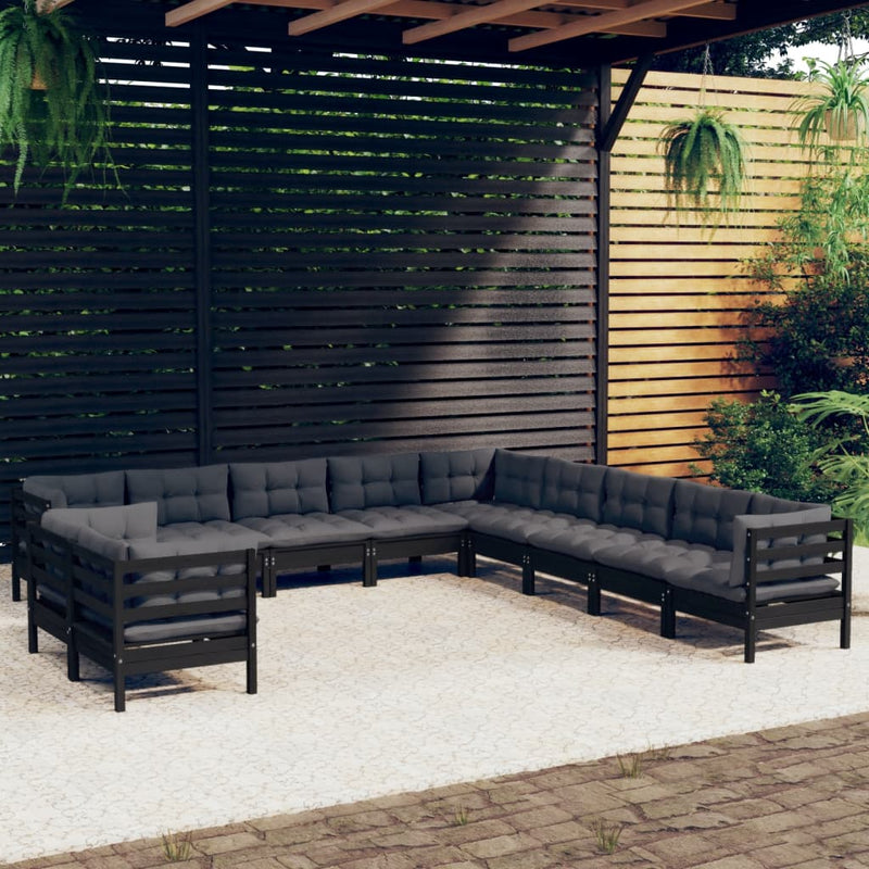 vidaXL 11 Piece Garden Lounge Set with Cushions Black Solid Pinewood