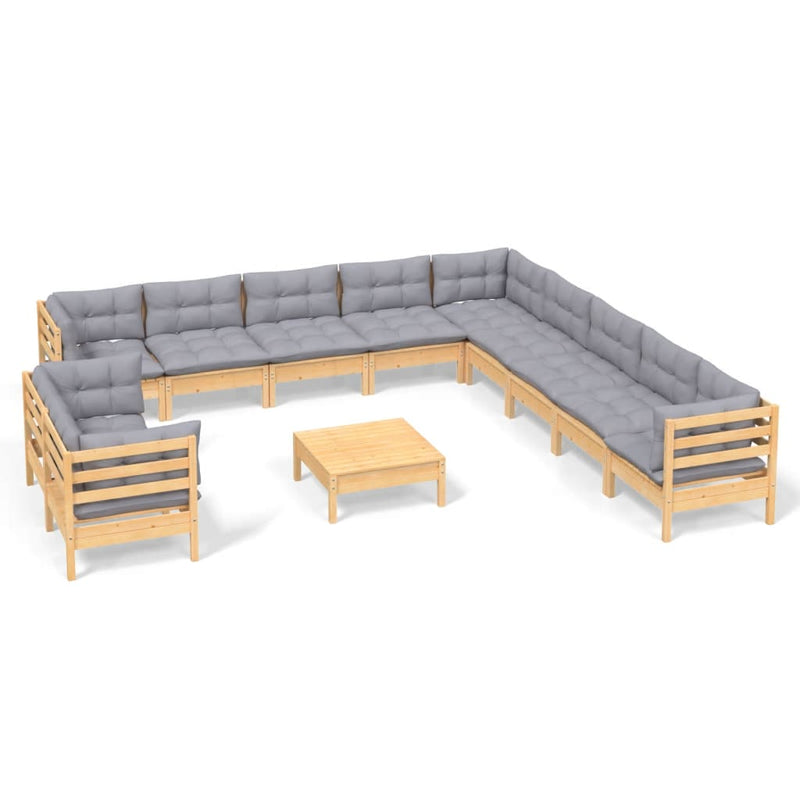 vidaXL 12 Piece Garden Lounge Set with Grey Cushions Solid Pinewood