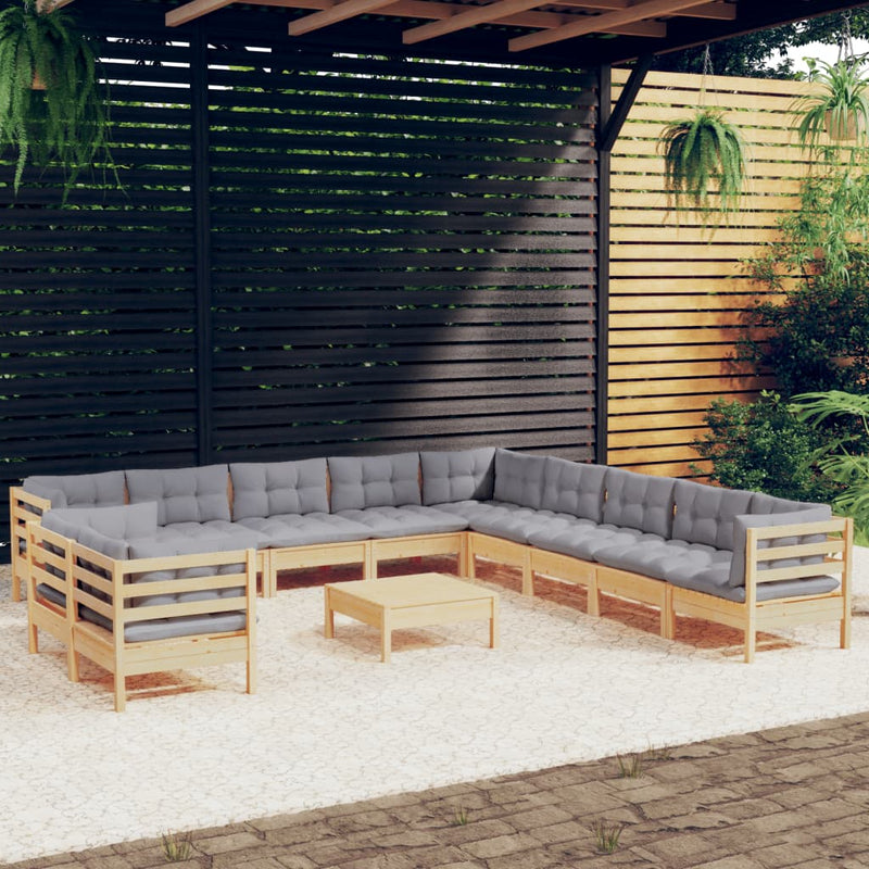 vidaXL 12 Piece Garden Lounge Set with Grey Cushions Solid Pinewood