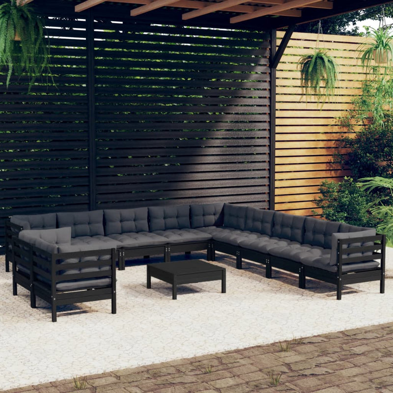 vidaXL 12 Piece Garden Lounge Set with Cushions Black Solid Pinewood