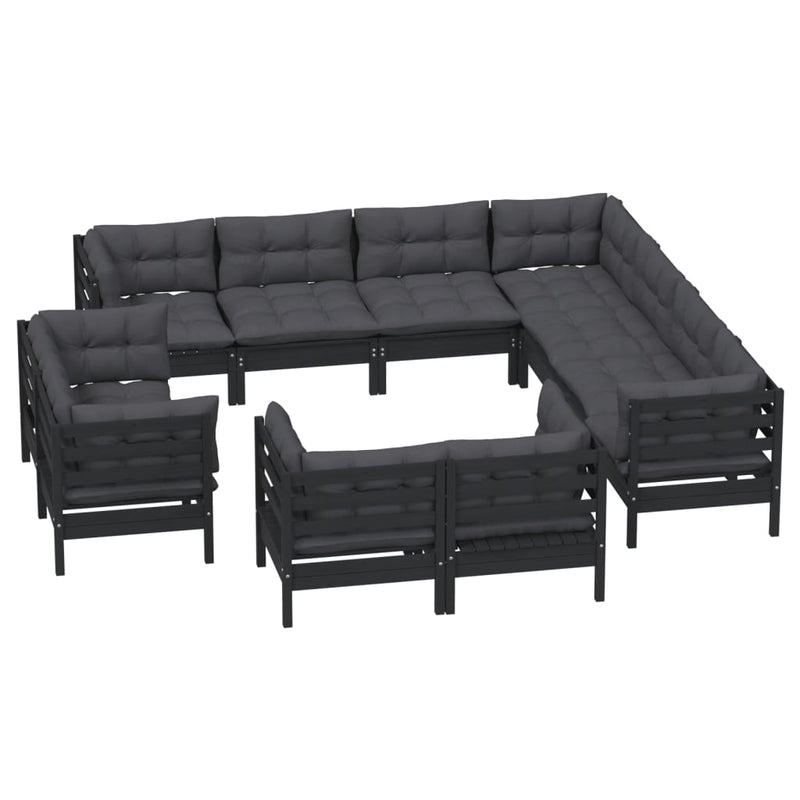 vidaXL 11 Piece Garden Lounge Set with Cushions Black Solid Pinewood