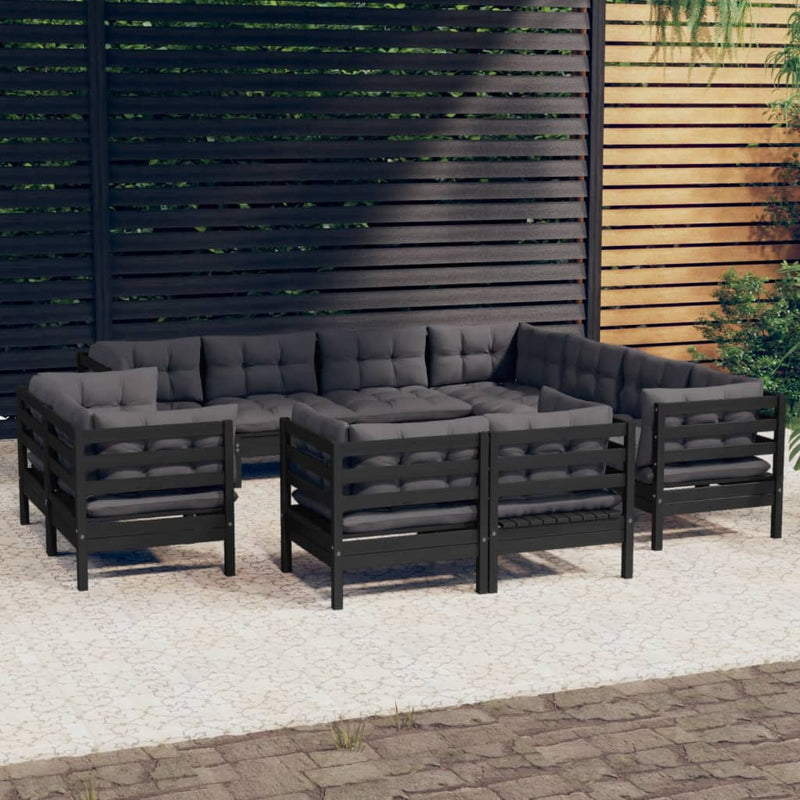vidaXL 11 Piece Garden Lounge Set with Cushions Black Solid Pinewood