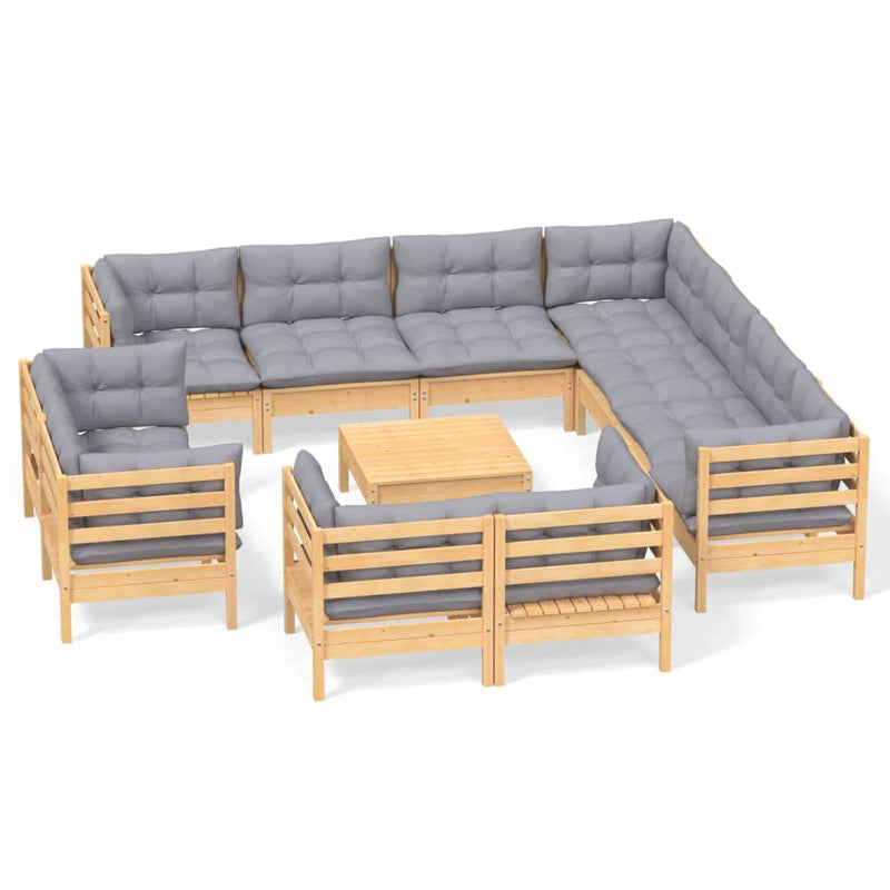 vidaXL 12 Piece Garden Lounge Set with Grey Cushions Solid Pinewood