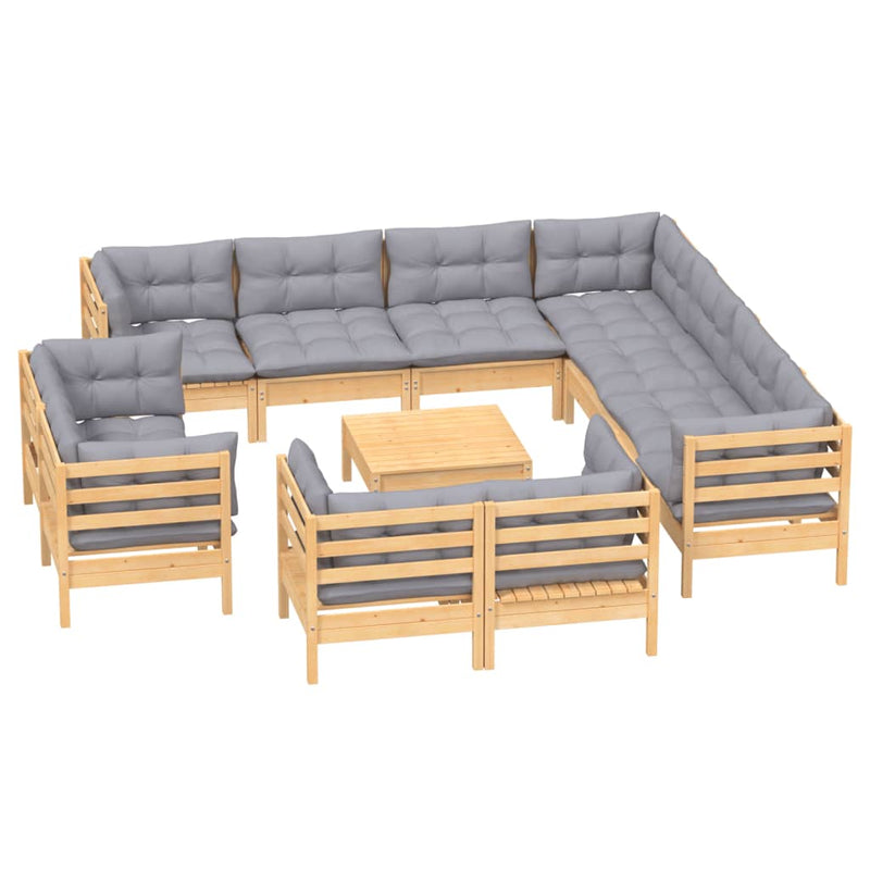 vidaXL 12 Piece Garden Lounge Set with Grey Cushions Solid Pinewood