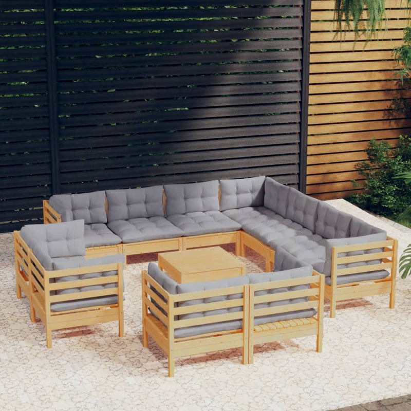 vidaXL 12 Piece Garden Lounge Set with Grey Cushions Solid Pinewood