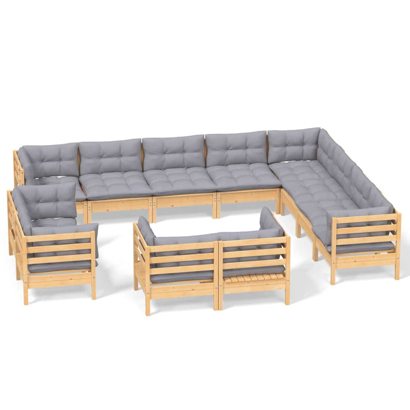 vidaXL 12 Piece Garden Lounge Set with Grey Cushions Solid Pinewood
