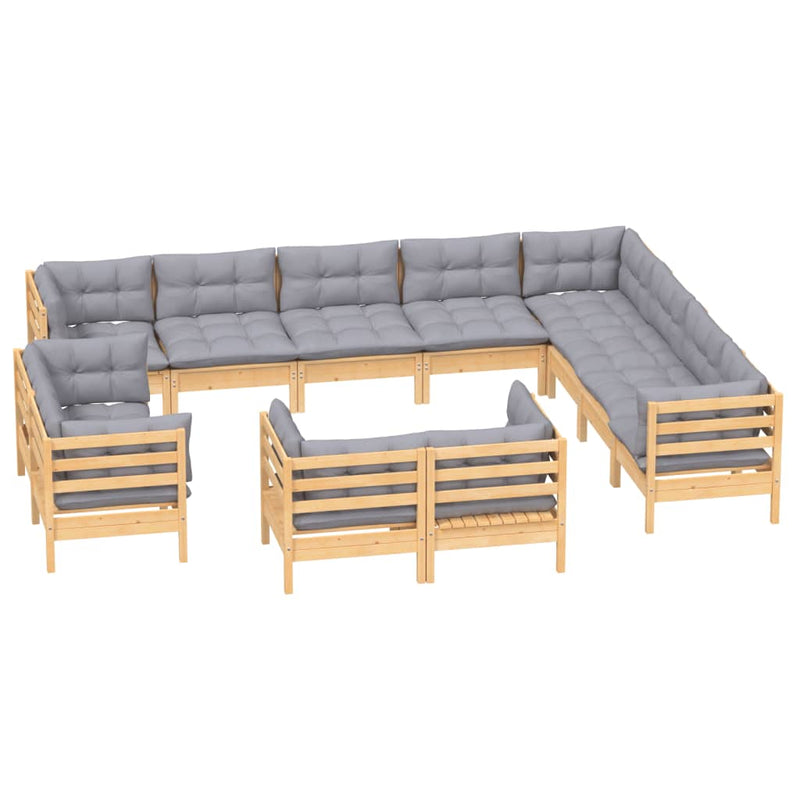 vidaXL 12 Piece Garden Lounge Set with Grey Cushions Solid Pinewood