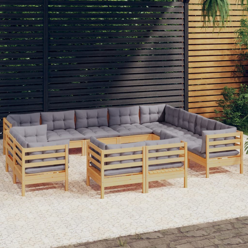 vidaXL 12 Piece Garden Lounge Set with Grey Cushions Solid Pinewood
