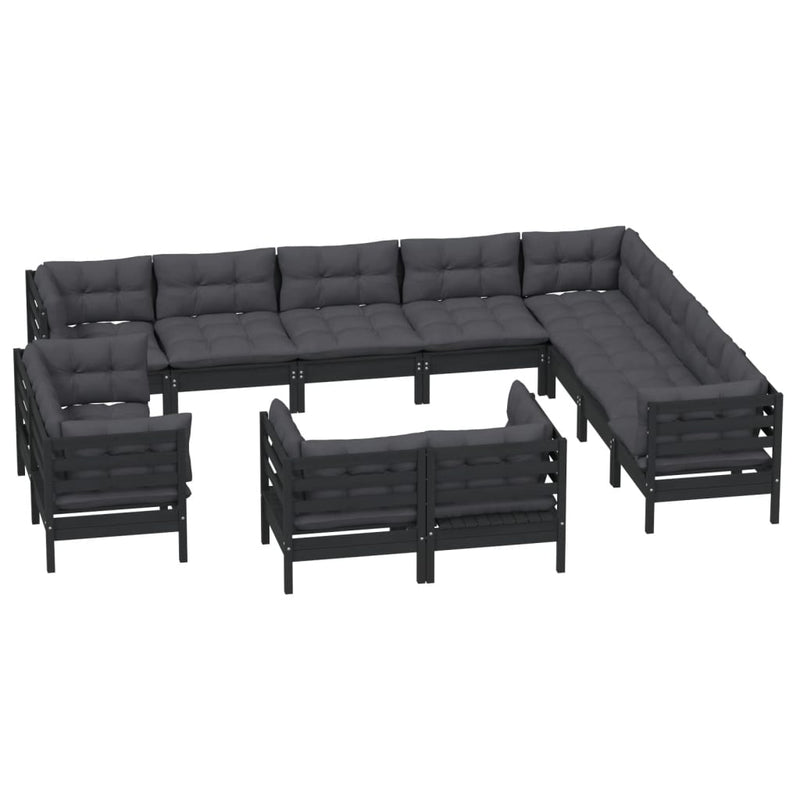 vidaXL 12 Piece Garden Lounge Set with Cushions Black Solid Pinewood