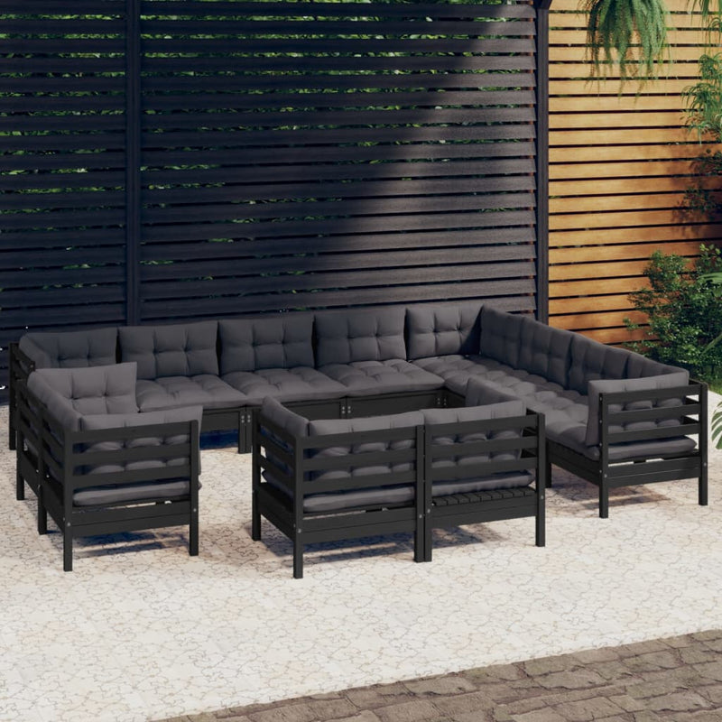 vidaXL 12 Piece Garden Lounge Set with Cushions Black Solid Pinewood