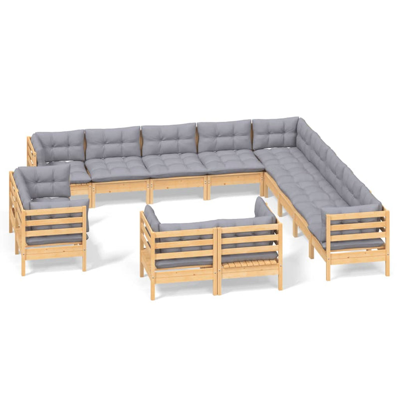 vidaXL 13 Piece Garden Lounge Set with Grey Cushions Solid Pinewood