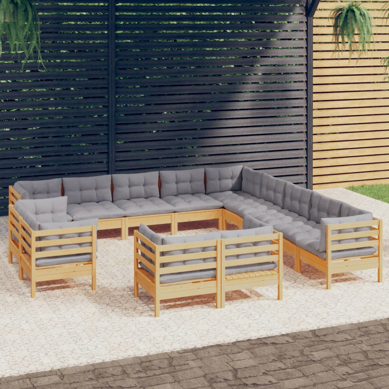 vidaXL 13 Piece Garden Lounge Set with Grey Cushions Solid Pinewood