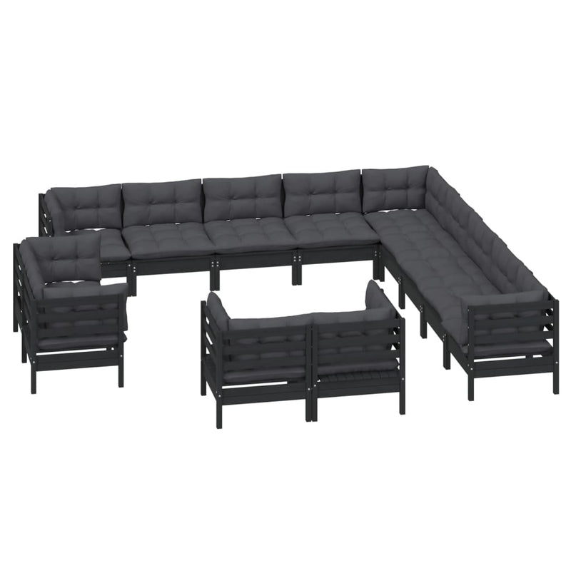 vidaXL 13 Piece Garden Lounge Set with Cushions Black Solid Pinewood