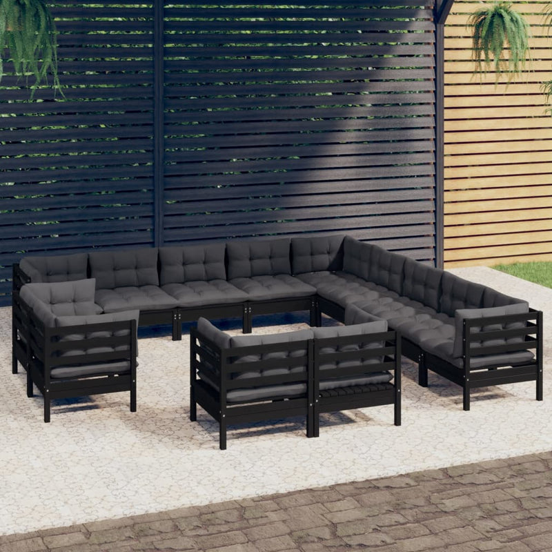 vidaXL 13 Piece Garden Lounge Set with Cushions Black Solid Pinewood