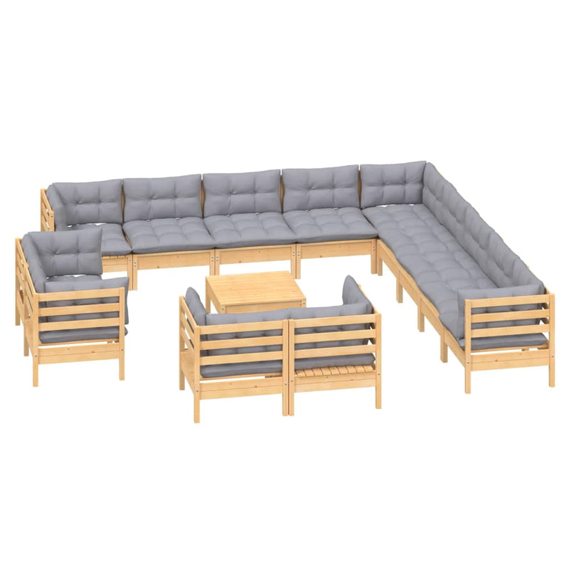 vidaXL 14 Piece Garden Lounge Set with Grey Cushions Solid Pinewood