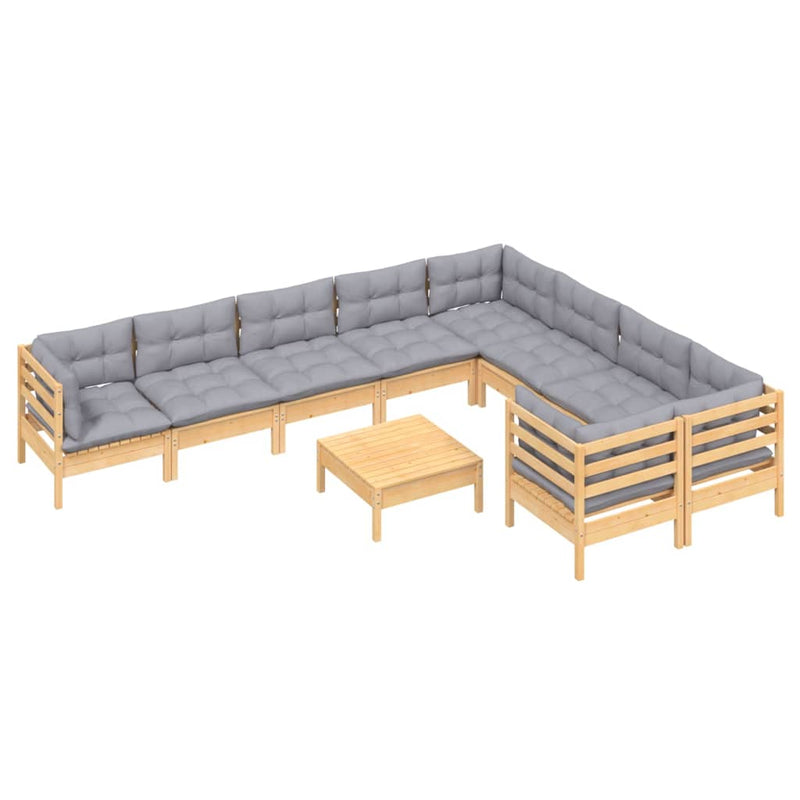 vidaXL 10 Piece Garden Lounge Set with Grey Cushions Pinewood