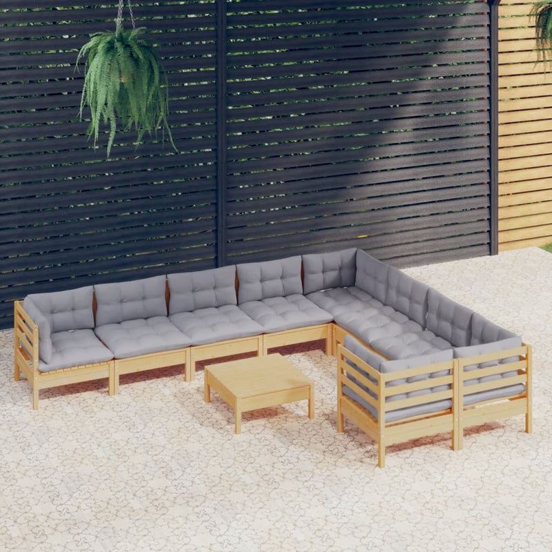 vidaXL 10 Piece Garden Lounge Set with Grey Cushions Pinewood