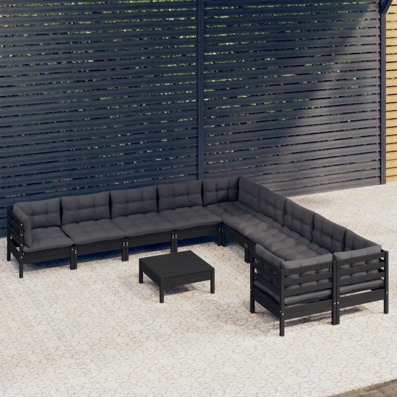vidaXL 11 Piece Garden Lounge Set with Cushions Black Pinewood