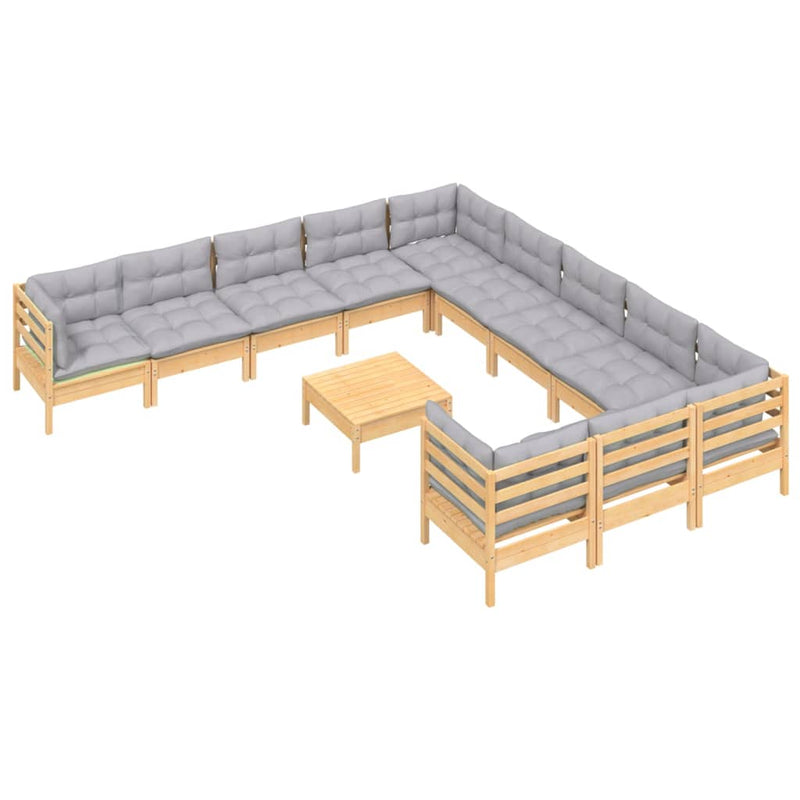 vidaXL 12 Piece Garden Lounge Set with Grey Cushions Pinewood