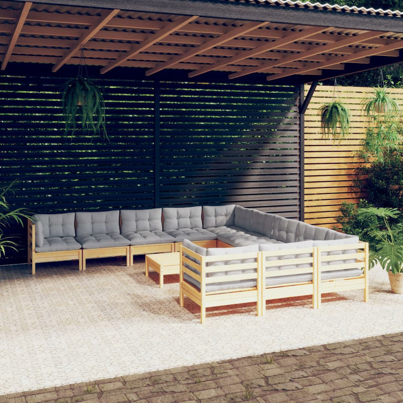 vidaXL 12 Piece Garden Lounge Set with Grey Cushions Pinewood