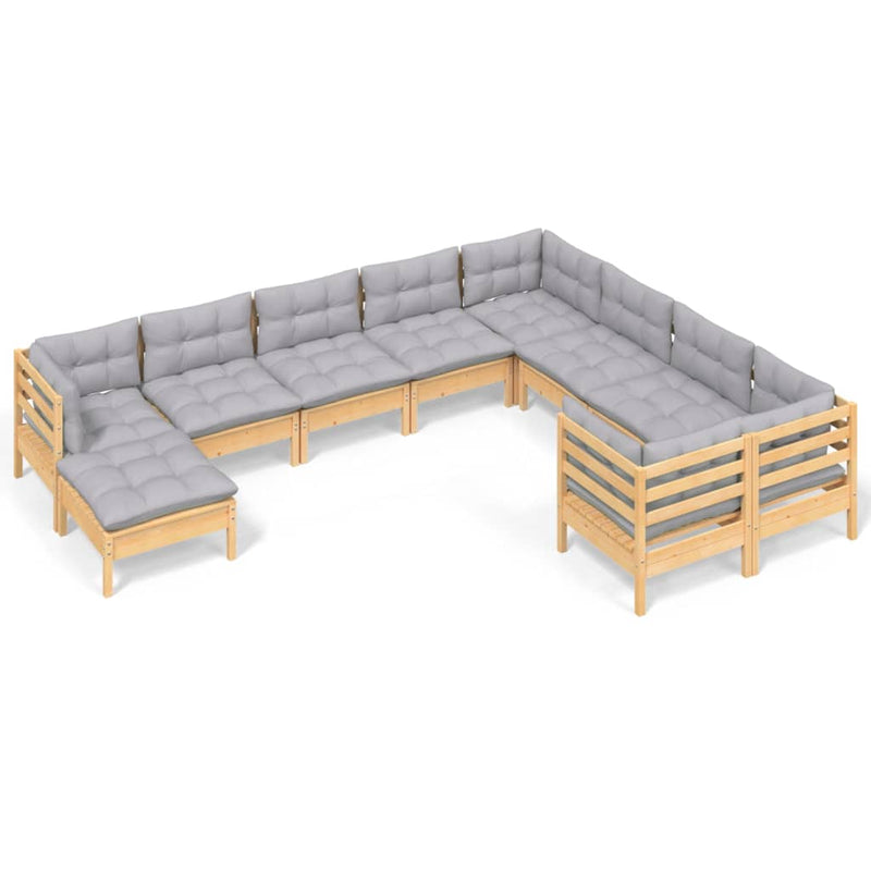 vidaXL 10 Piece Garden Lounge Set with Grey Cushions Pinewood