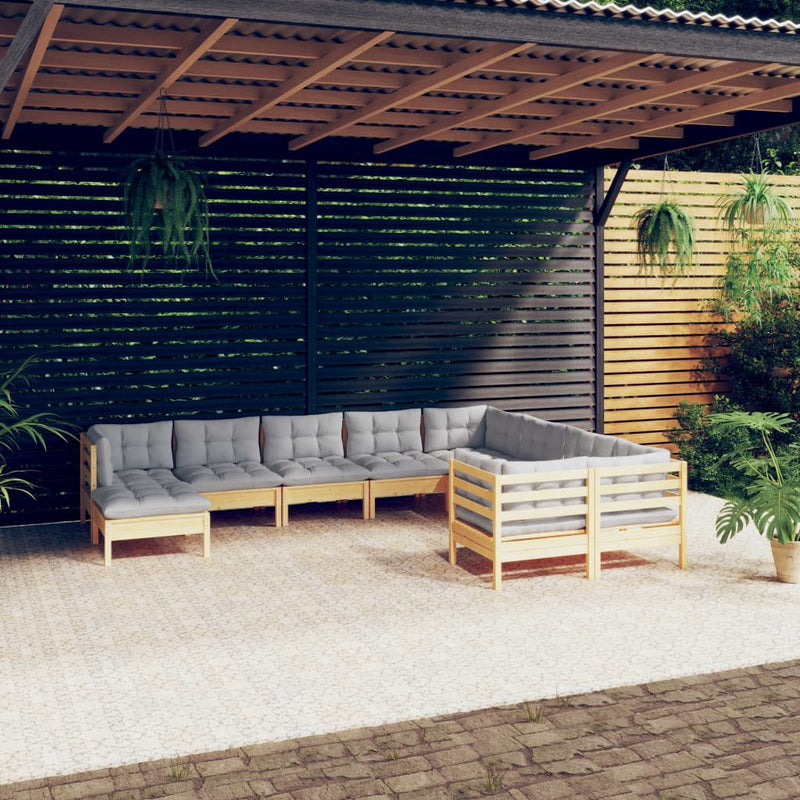 vidaXL 10 Piece Garden Lounge Set with Grey Cushions Pinewood