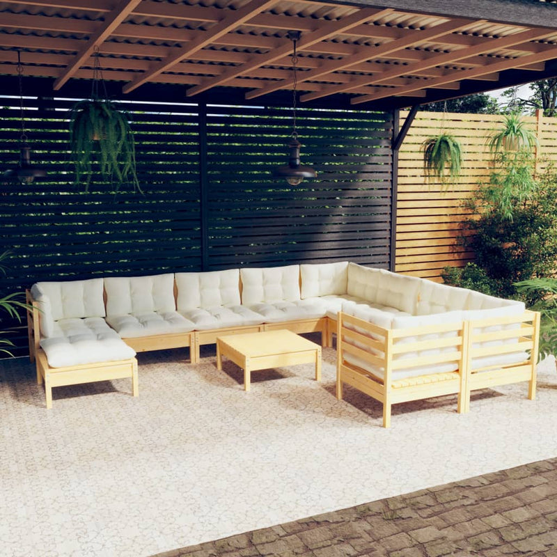 vidaXL 11 Piece Garden Lounge Set with Cream Cushions Pinewood