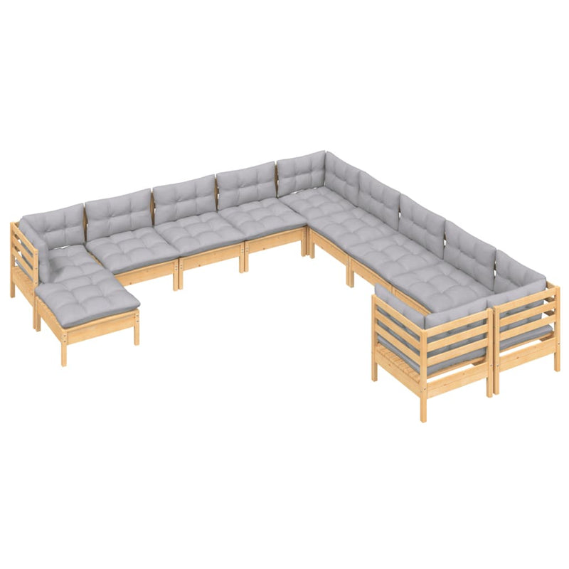 vidaXL 11 Piece Garden Lounge Set with Grey Cushions Pinewood