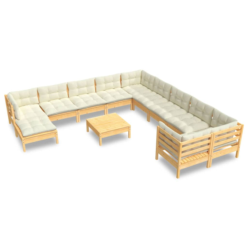 vidaXL 12 Piece Garden Lounge Set with Cream Cushions Pinewood