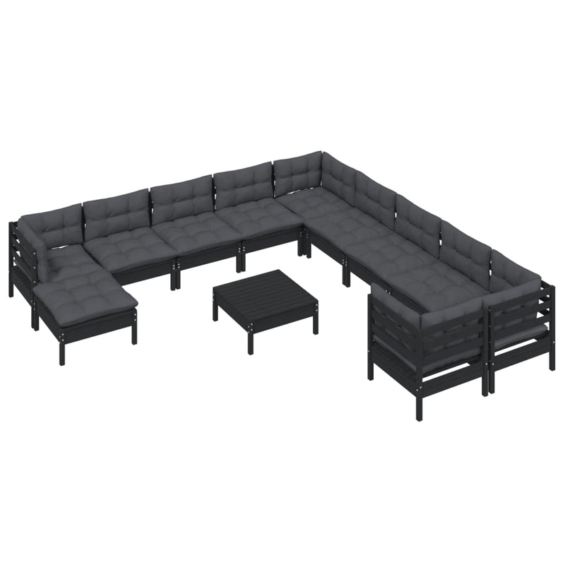 vidaXL 12 Piece Garden Lounge Set with Cushions Black Pinewood
