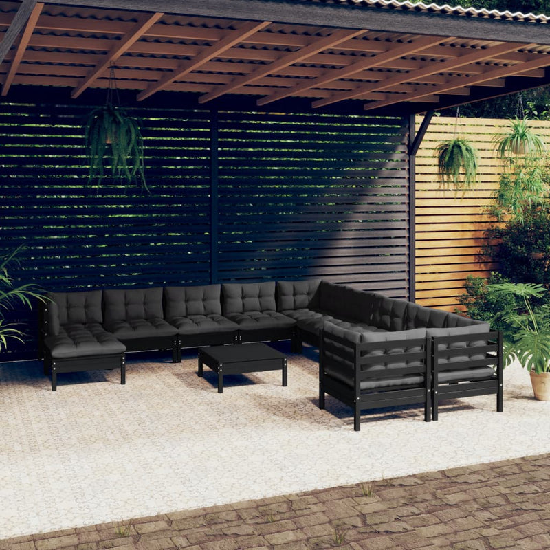 vidaXL 12 Piece Garden Lounge Set with Cushions Black Pinewood