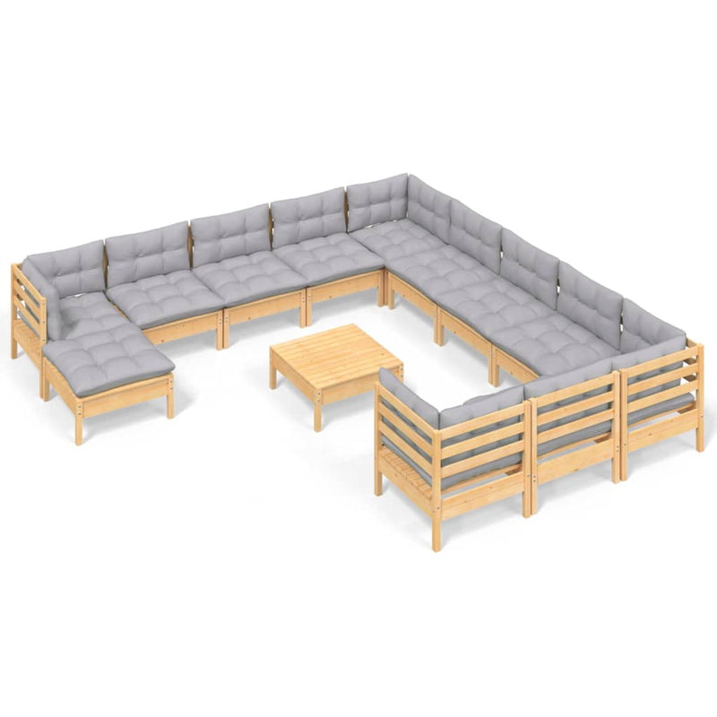 vidaXL 13 Piece Garden Lounge Set with Grey Cushions Pinewood