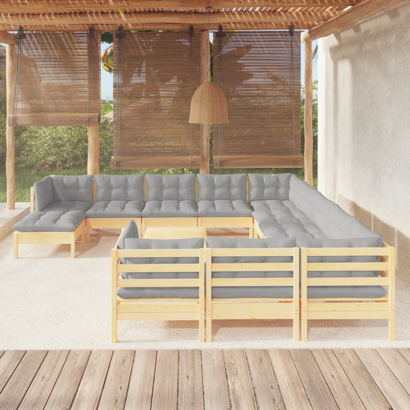 vidaXL 13 Piece Garden Lounge Set with Grey Cushions Pinewood